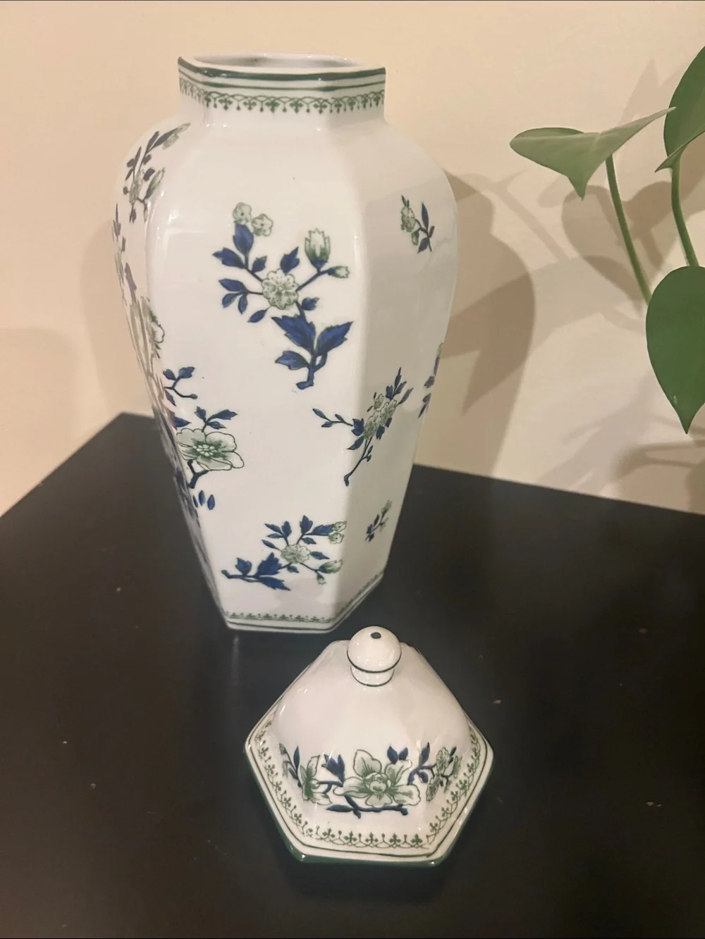 White Porcelain Vase/ ginger jar with Blue and Green Bird Motif.